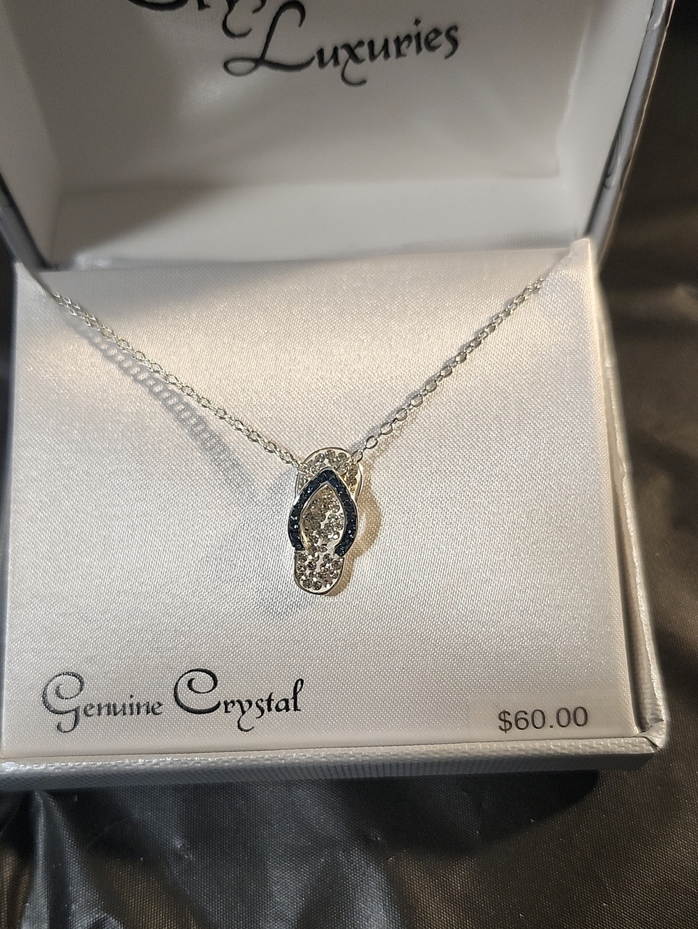 Genuine Crystal Silver Flip-Flop Pendant Necklace - Silver with Blue Accents